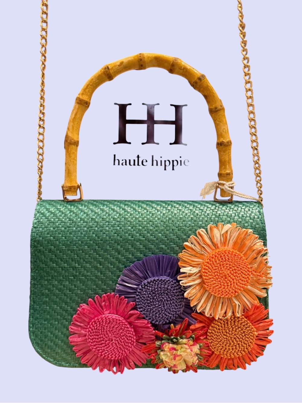 NWT Haute Hippie Teal Straw Floral Bamboo Crossbody Bag